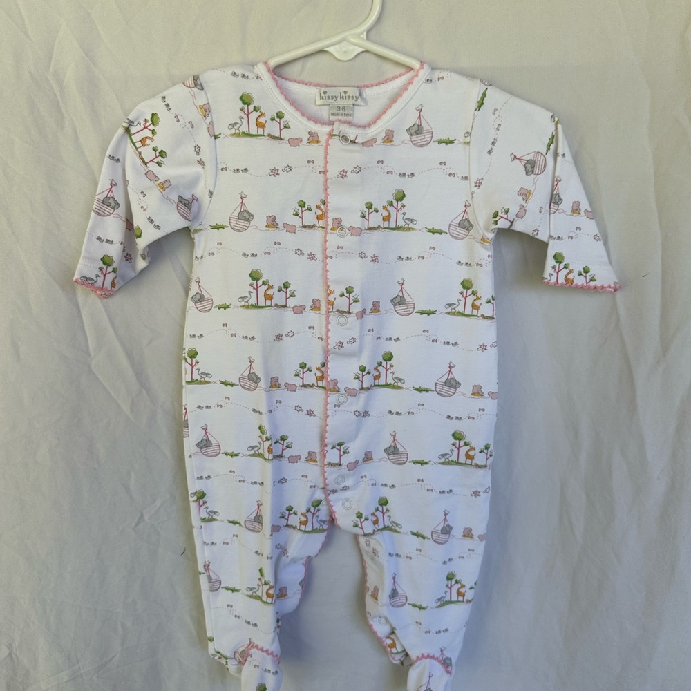 Kissy Kissy White One-Piece Footed Playsuit with Pink Trim and Animals Print